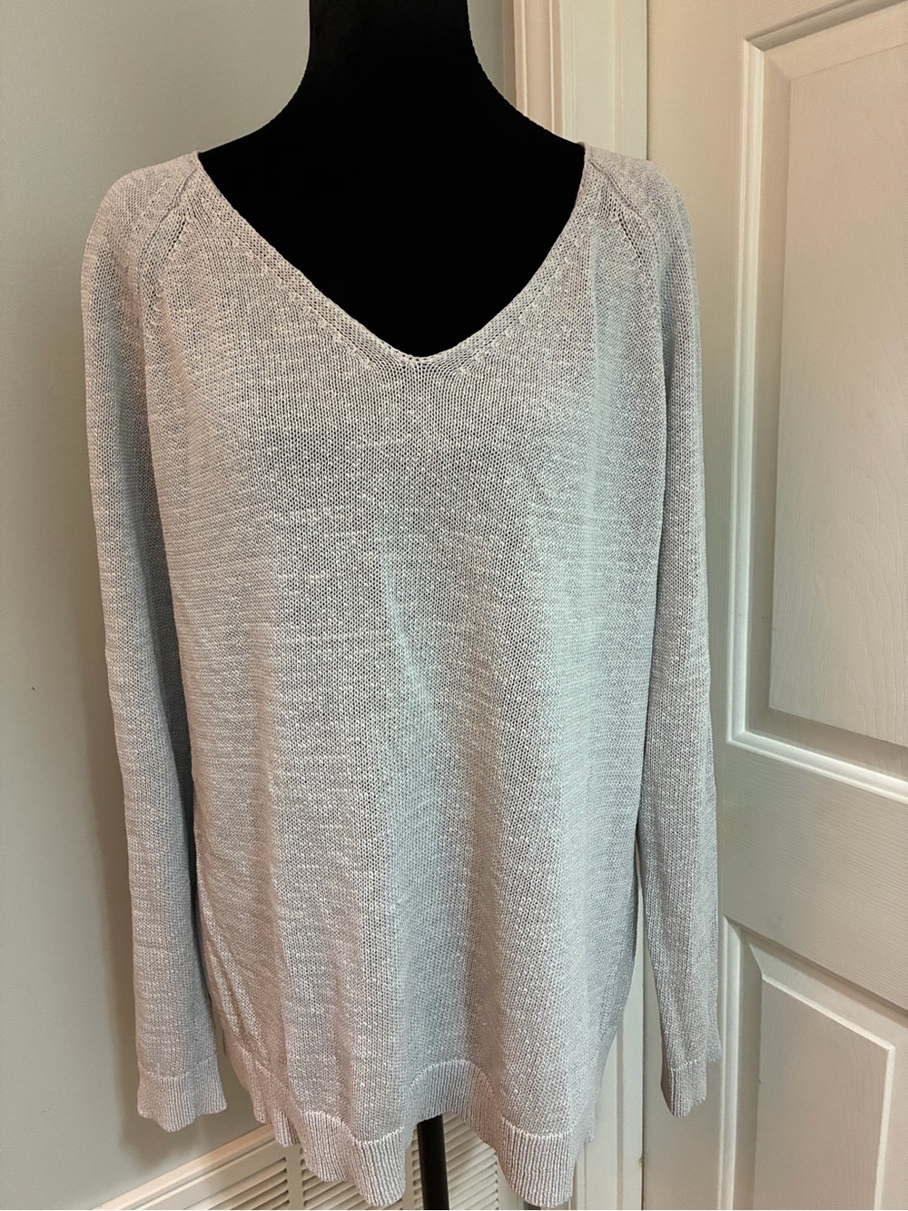 LOFT Light Gray V-Neck Knit Sweater